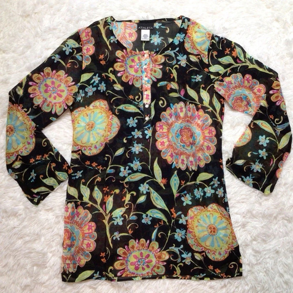 Athleta Silk Tunic Swim Cover Semi Sheer Floral Buttons Boho Swim Cover Small M - Picture 2 of 11
